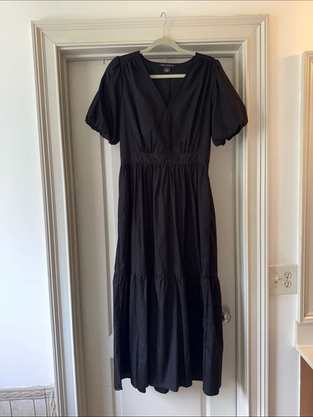 French Connection 100% Cotton Black Maxi Dress | Puff Sleeve | V-Neck | Tiered